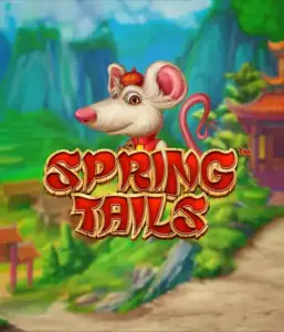 A charming illustration of a mouse wearing a red traditional Chinese outfit positioned in front of a picturesque landscape with mountains. The image is for the Spring Tails Slot by Betsoft, highlighted with striking red and gold logo text.